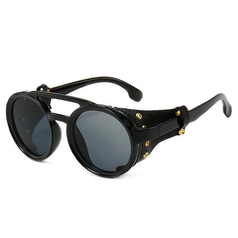 Очки Steampunk Shields Sunglasses Men Women Classic Sun Glasses with Side Leather Round Eyewears Fashion Punk UV400 Lens