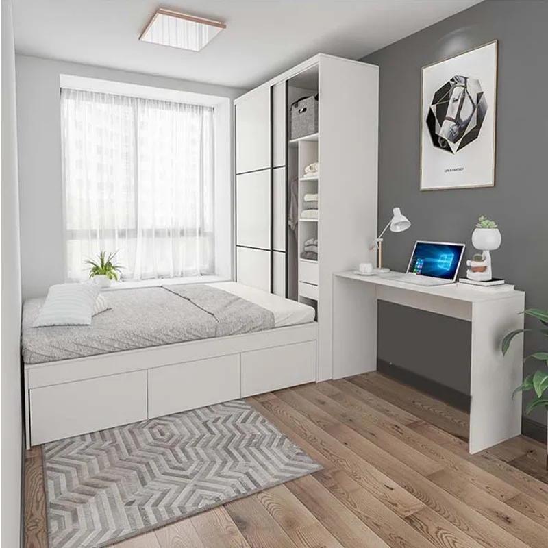 

Modern simple tatami bed wardrobe integrated small apartment sliding door bedroom children's room solid wood storage bed