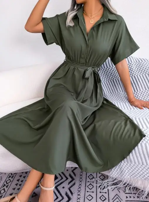 2025 novo verão casual solto cor sólida rendas até camisa saia longa