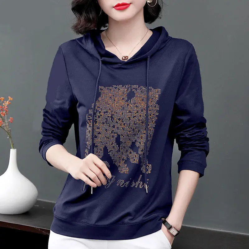 

Fashion Hooded Oversized Long Sleeve Diamonds Tee Shirt 2022 Autumn New Casual Pullovers Tops Loose All-match Woman Tshirts