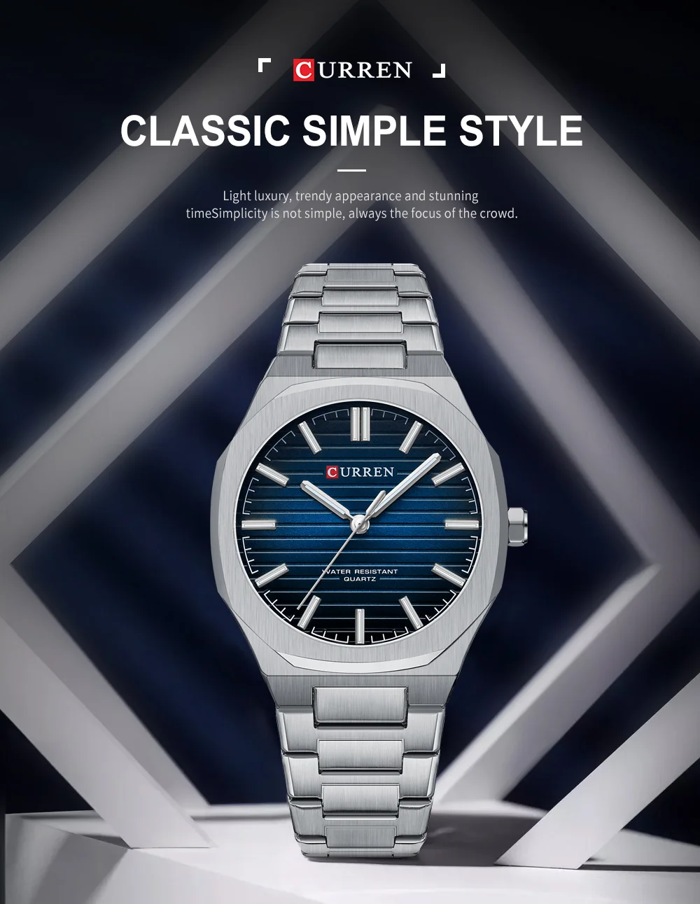 CURREN Minimalistische Herrenuhr mit Edelstahlarmband und Leuchtzeigern, klassische Business-Quarz-Armbanduhr für Männer – Detail 7