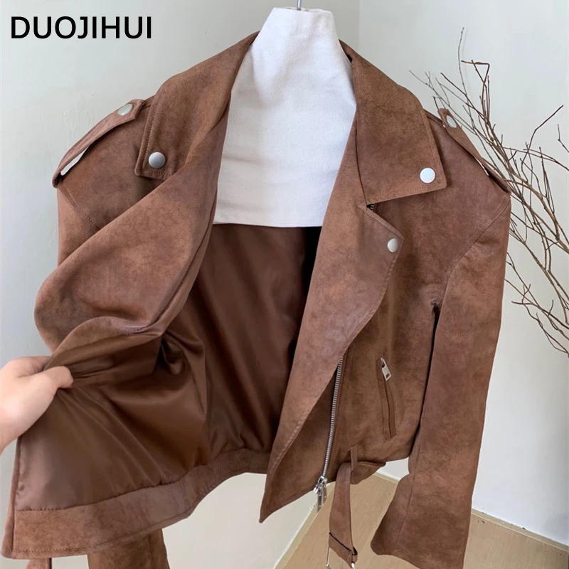 DUOJIHUI Brown Vintage PU Chic Belt Women Jackets American Loose Simple Casual Fashion Zipper Solid Color Winter Female Jackets