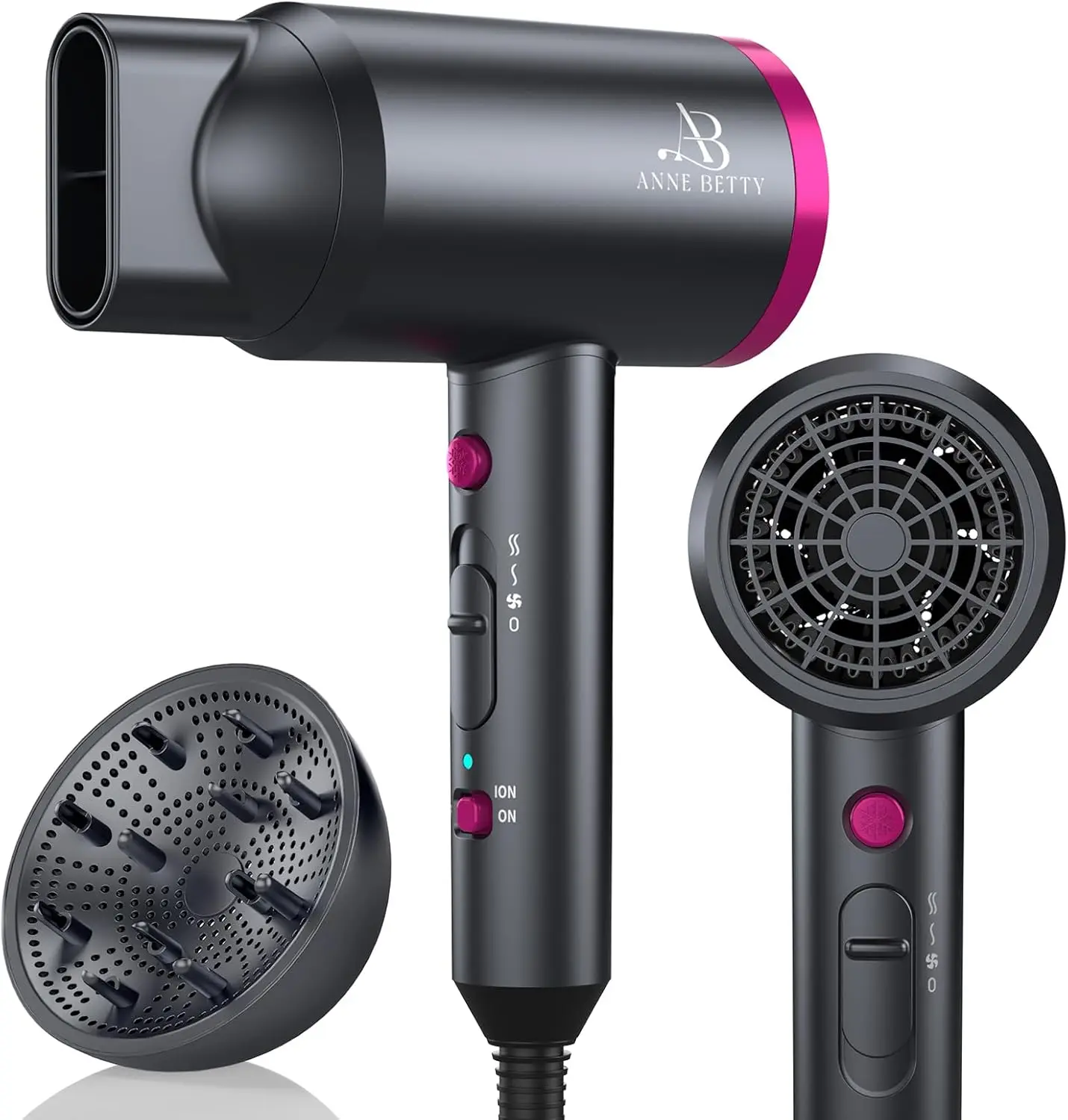 

Ionic Hair Dryer with Diffuser, Powerful 1800W Blow Dryer for Women & Men, Fast-Drying Hair Dryer with Nozzle for Home, Salon, T
