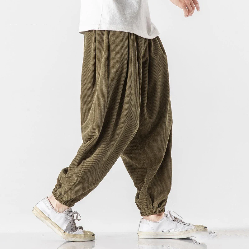 

Vintage Corduroy Casual Drawstring Elastic Waist Pants For Men Loose Fit Wide-Leg Lantern Jogger Pants