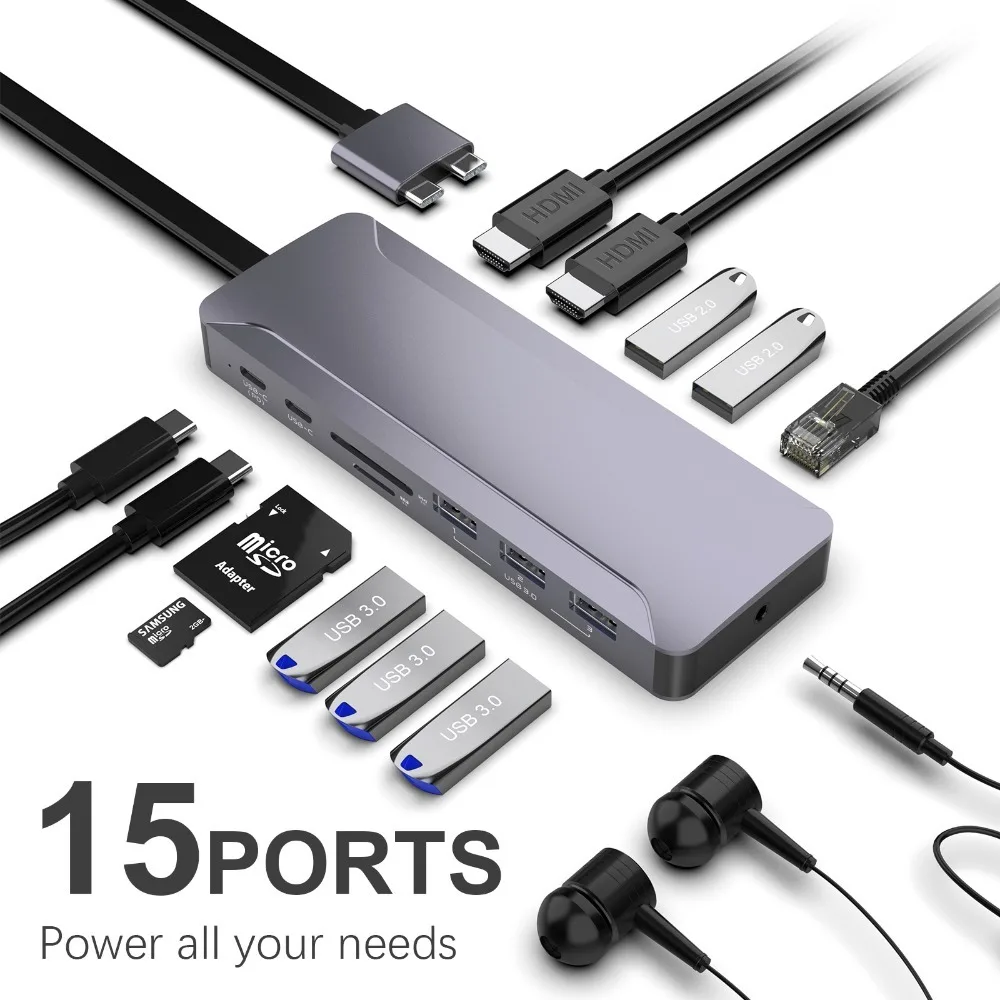 

13 In 2 Dual Type USB C Hub Splitter With USB3.0 Dual 4K HDMI PD High Speed Data Transfer RJ45 1000Mbps For PC Laptop Macbook