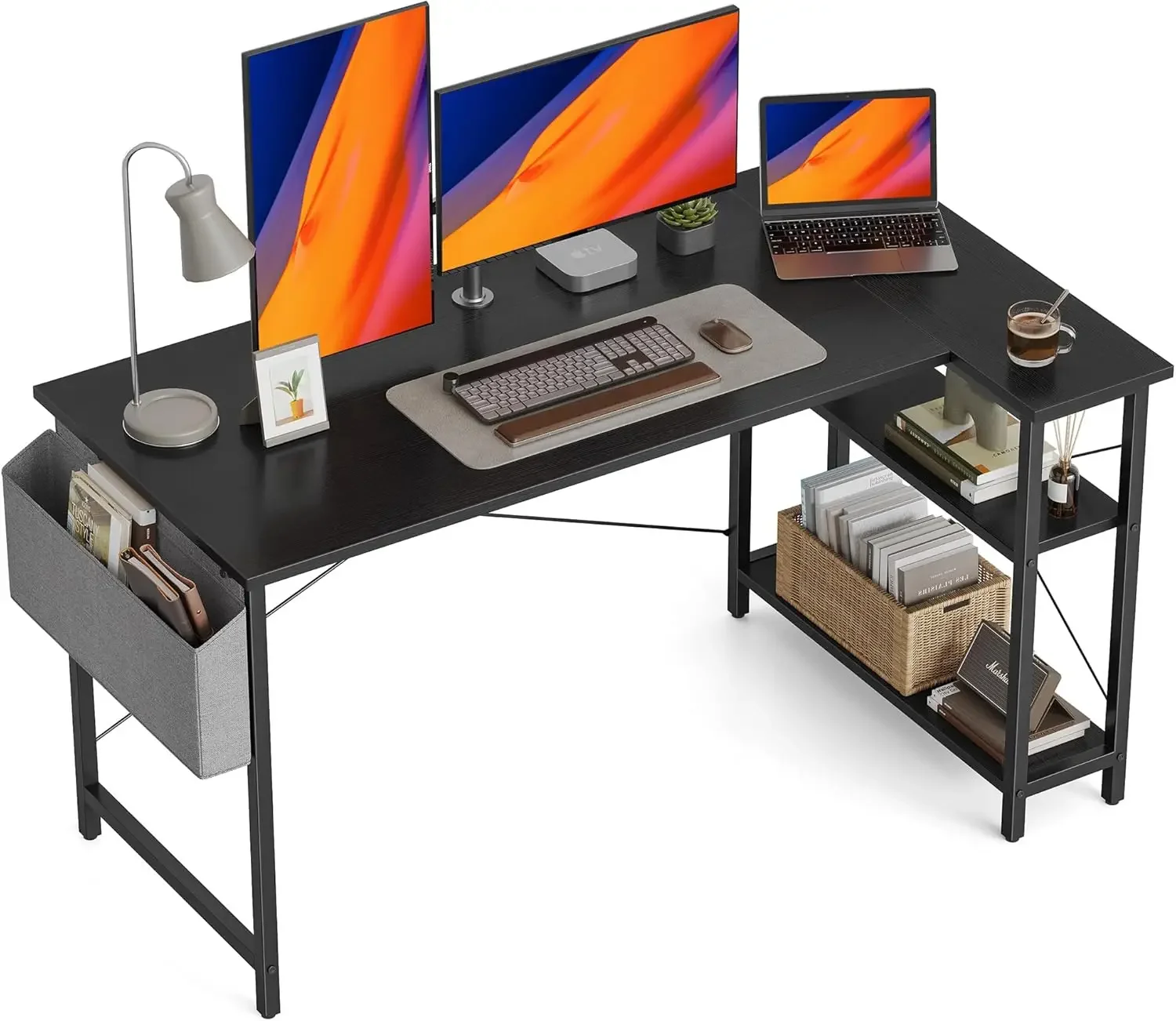 L Shaped Mesa do Computador com Prateleiras De Armazenamento, Preto Estudo Escrita Mesa, Home Office Canto, 55"