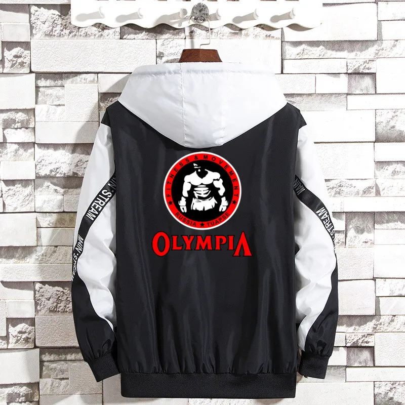 Fashion Brand Jackets Men OLYMPIA GYM Bomber Jacket Hooded Zipper Jackets Mens Casual Patchwork Male Coat clothing Streetwear