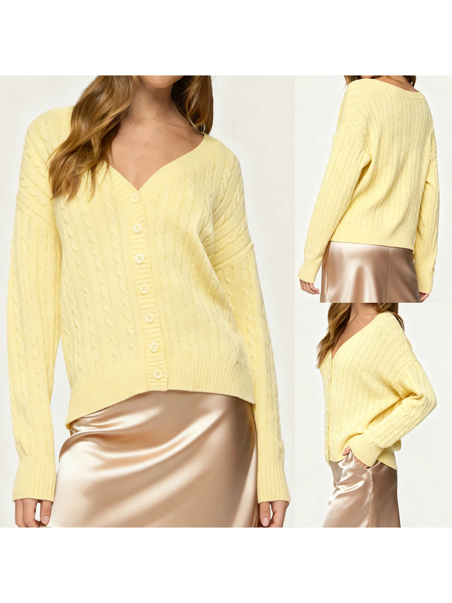 سترة صوفية متماسكة بأزرار على شكل حرف V للسيدات بأكمام طويلة وفضفاضة بلون سادة وخفيفة الوزن لفصل الربيع والخريف #2