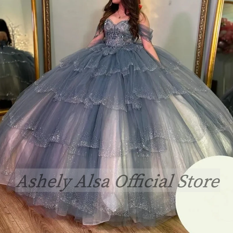 AA416 ที่กําหนดเอง Glitter Ball Gown Quincenara ปิดชุดไหล่ Ruffle Corset Vestidos De XV ห้องนอน Party Prom หวาน 16 ชุด