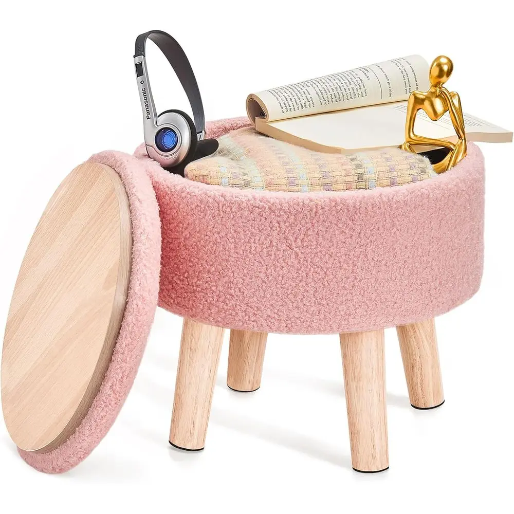 

Small Ottoman with Storage, Small oot Stool Ottoman with Wood Legs, Sherpa oot Rest or Couch, Living Room and Bedroom - Pink