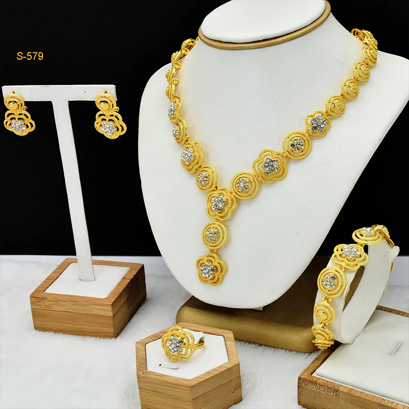Luxus Nigerianischen Braut Halskette Und Ohrringe Schmuck Sets Für Frauen Dubai 24k Gold Farbe Blume Anhänger Set Hochzeit Party geschenke – Detail 1