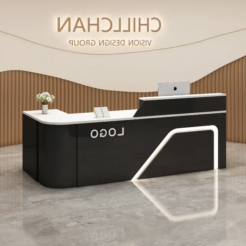 

Design Counter Reception Desks Manager Black Bar Front Reception Center Office L-Shape Mostrador Negocio Commercial Furniture