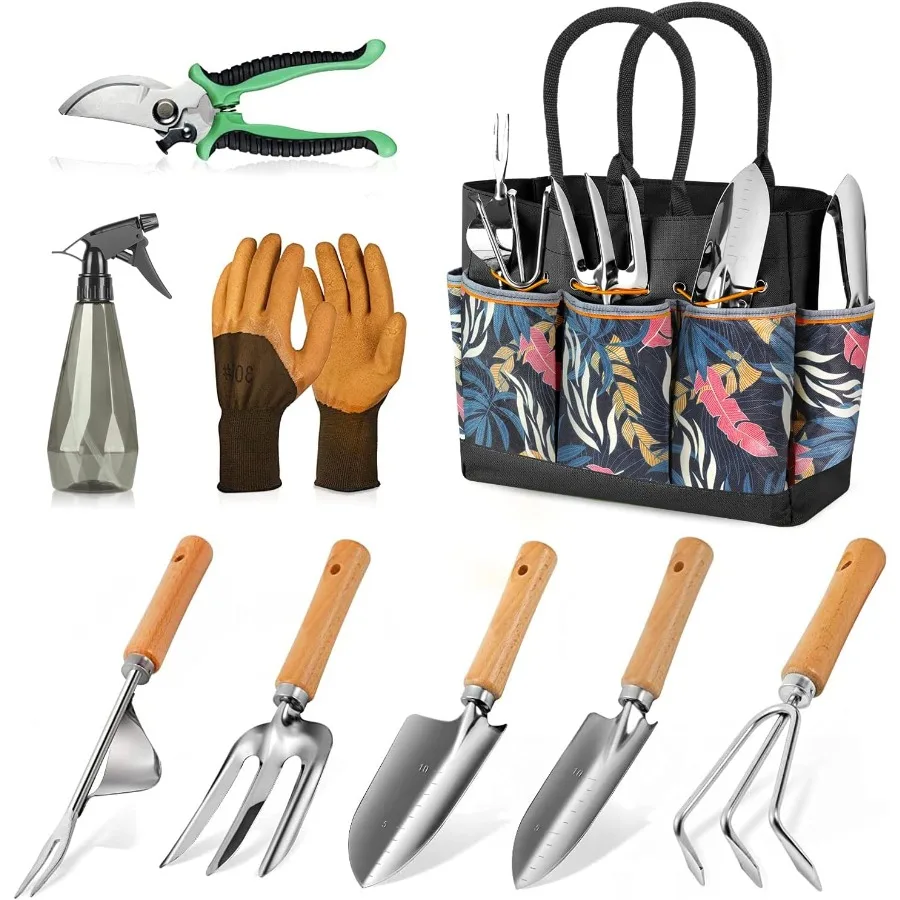 

9Piece Heavy Duty Garden Hand Tools Set with Fashionable and Durable Organizer Handbag RustProof Design for Outdoor Gardening T