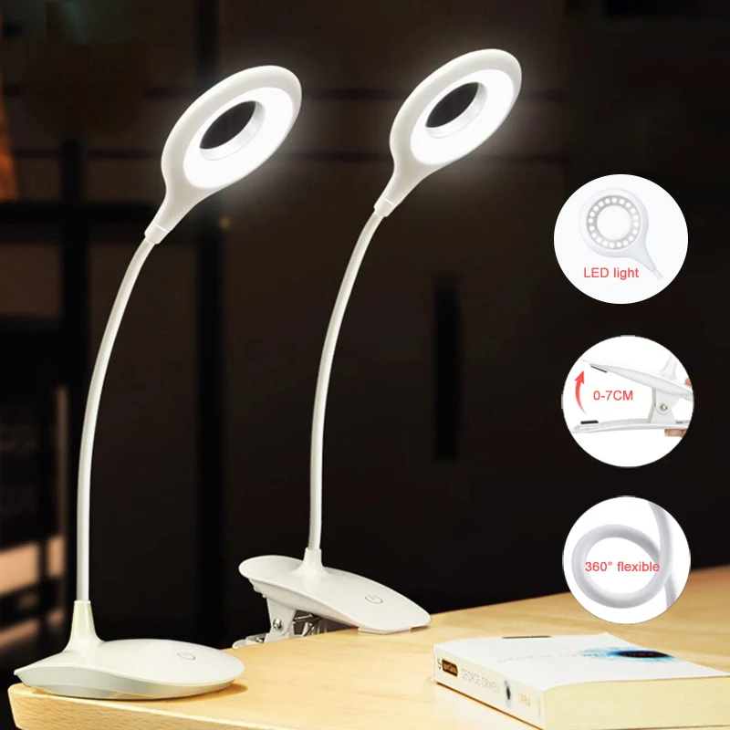 USB Table Lamp LED Study Table Light with Clip Makeup Desk Lamp 3W Circle Light with 1200mah Rechargable Battery for Bedroom