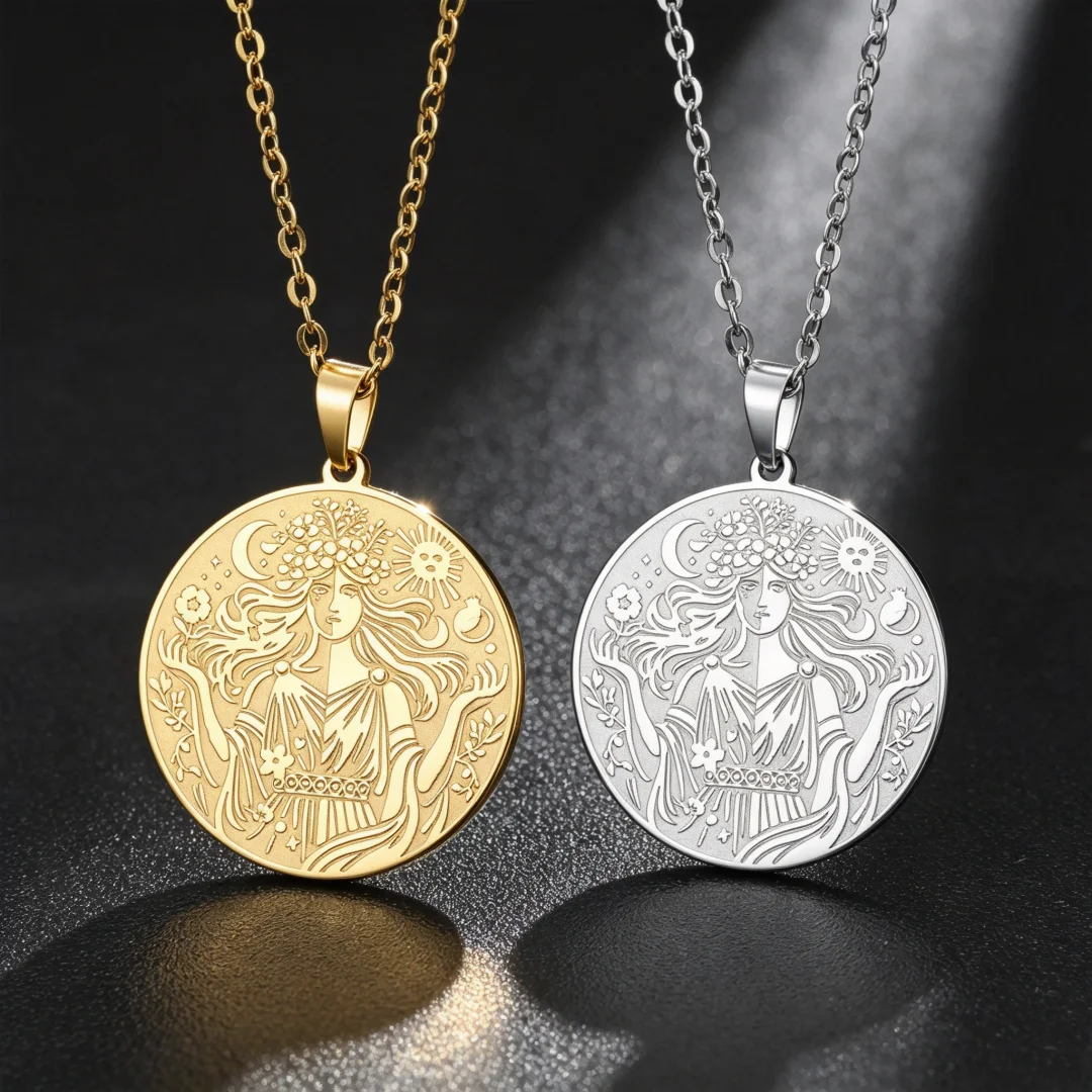 Sun Moon Dual Goddes Spring Goddess Eostre Necklace Engraved Horse Moon Pendant Stainless Steel Chain Pagan Amulet Women Jewelry