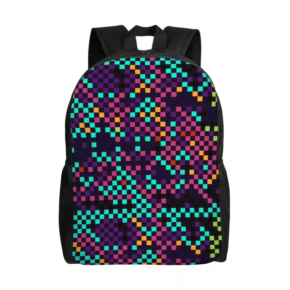 

Personalized Black And Rainbow Squares Pattern Checkered Flag Backpack Men Women Fashion Bookbag for College School Bags
