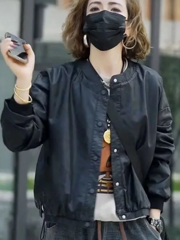 Bla PU Leather Biker Jaet Loose Fit Women's plus Size Autumn New Sle Korean Faion High-End Feelings Coat for Ladies