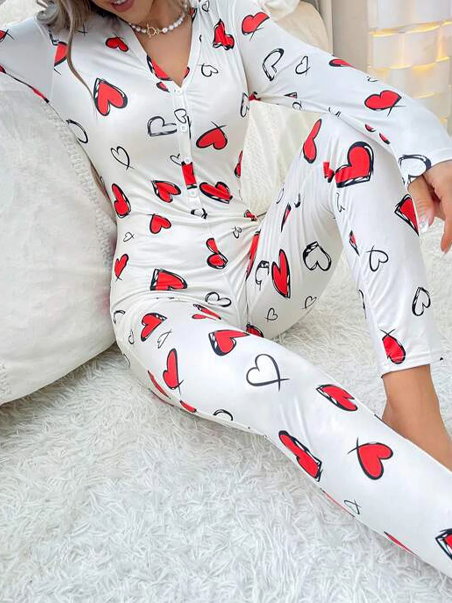 

Women s Valentine s Day Loungewear Jumpsuit Heart Print Long Sleeve V-Neck Front Button Down Bodycon Pajamas