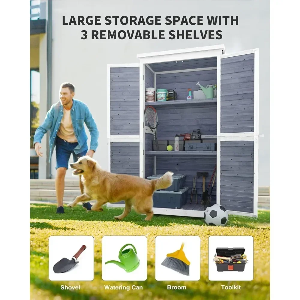 

Outdoor Storage Cabinet with 3 Shelves, Double Lockable Wooden Garden Shed with Waterproof Roof, Outside Tool Shed