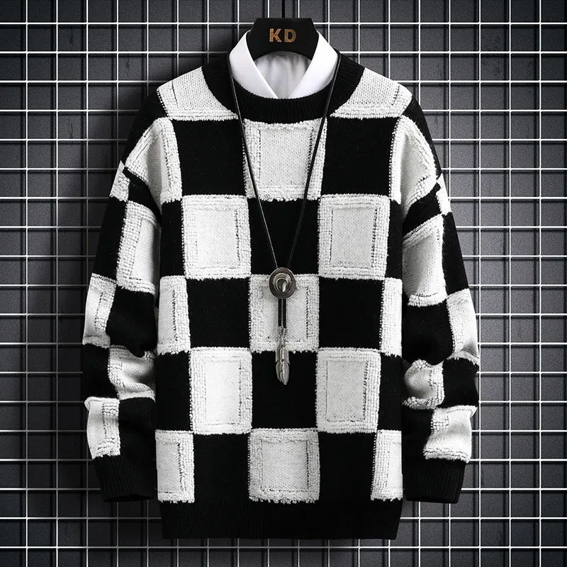 2024 New Autumn Winter Korean Style Mens Pullover Sweaters High Quality Thick Warm Cashmere Knitted Sweater Men Plaid Pull Homme