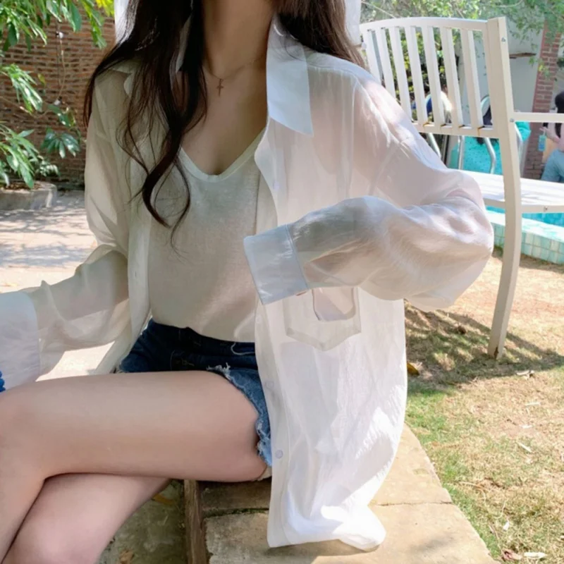 Summer Korean Sun Protection Shirts Women Simple Solid Color Thin Blouse Woman Long Sleeve Loose Beach Shirt Mujer