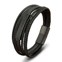 XQNI Multi-Layers Braided Black Leather Stainless Steel Bracelet for Men Luxury Magnetic Clasp Bracelet Male Bangles Jewelry