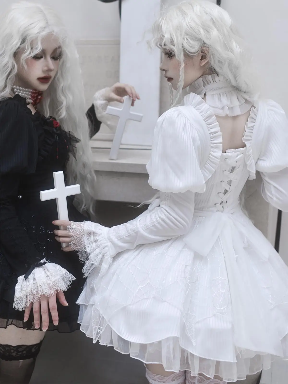 Gothic Bla White Long Sve Bubble Sve OP Set Spider Web Blood Drop loween Twin Witch Full Payment Lolita Dr Skirt - Image 2