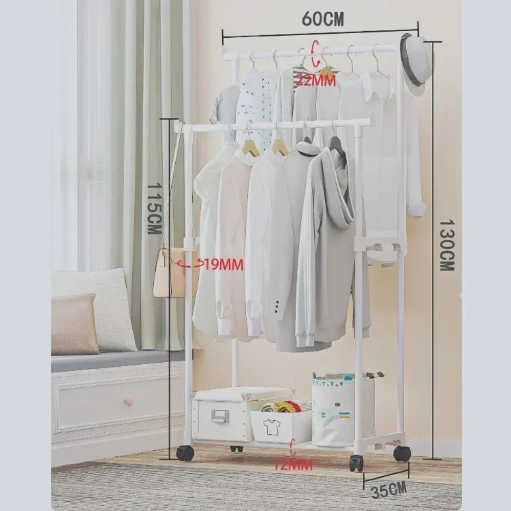 Coat Rack Movable Double Clothes Shelf Simple Rod Floor-Standing Bedroom Telescopic Floor Hangers Storage Coat Rack With wheels