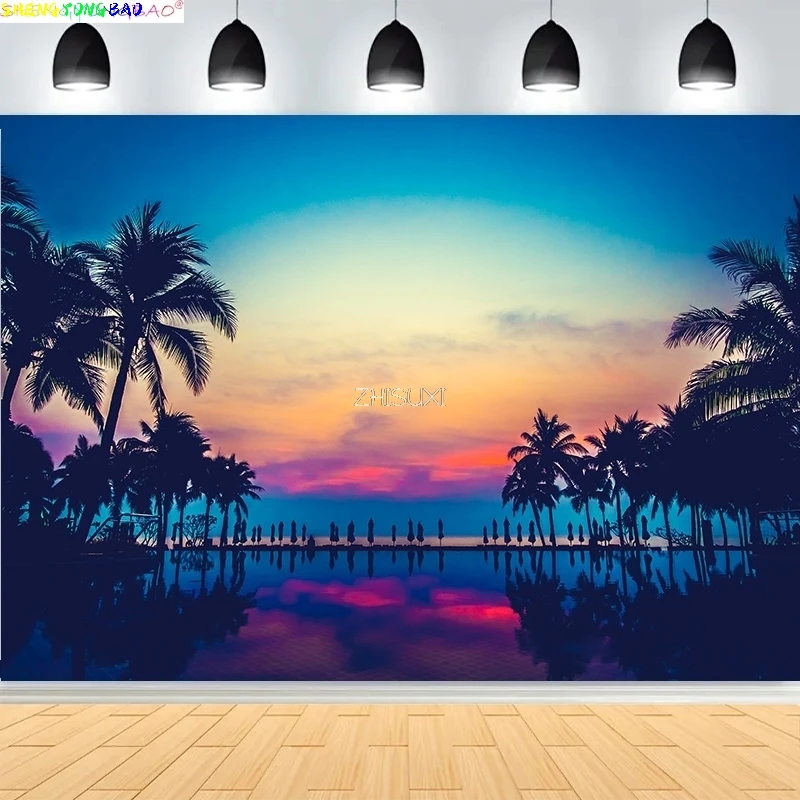 Tropical Beach Sea Ocean With White Cloud Blue Sky Photography Backdrops Sandy Palms Trees Island Maldives Background BU-02