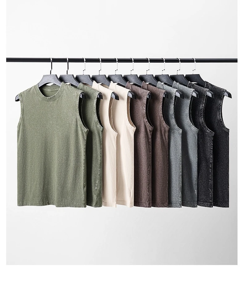 230g reine Baumwolle europäische und amerikanische High Street Retro gewaschen Distressed ärmellose Weste Herren lässig lose Schulter T-Shirt – Detail 2