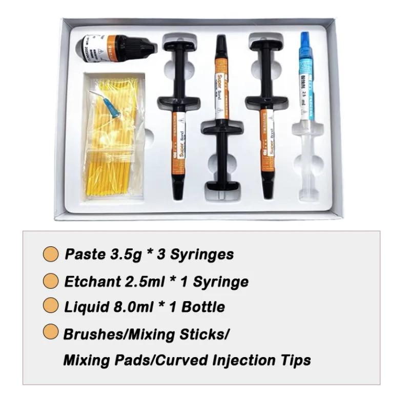 

Dental Orthodontic Bracket Adhesive Kit Enamel Bonding Resin Complete Set Paste Etchant Liquid Brush Mixing Stick Curved Tip