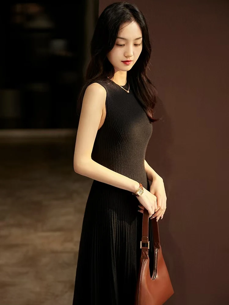 Elegant Women Long Dress 100% Merino Wool Dress O-Neck Spring Autumn Skirt Basic Dress Inside Join Slim Pleated Dress Sleeveless - Image 4