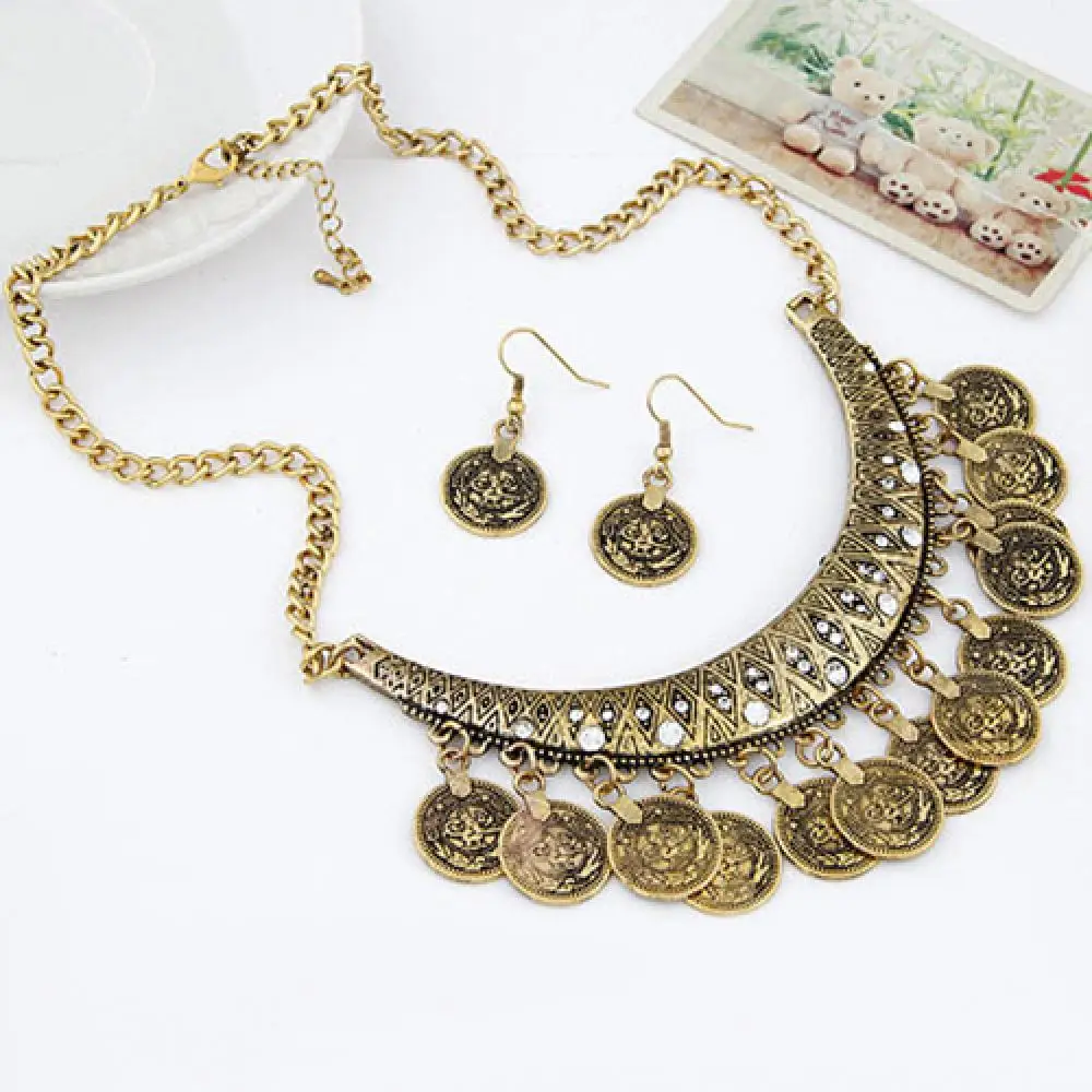 3pcs/set Jewelry Sets Pendant Necklace Earrings Jewelry Set Women\'s Vintage Coin Style Choker Necklace Hook Earrings