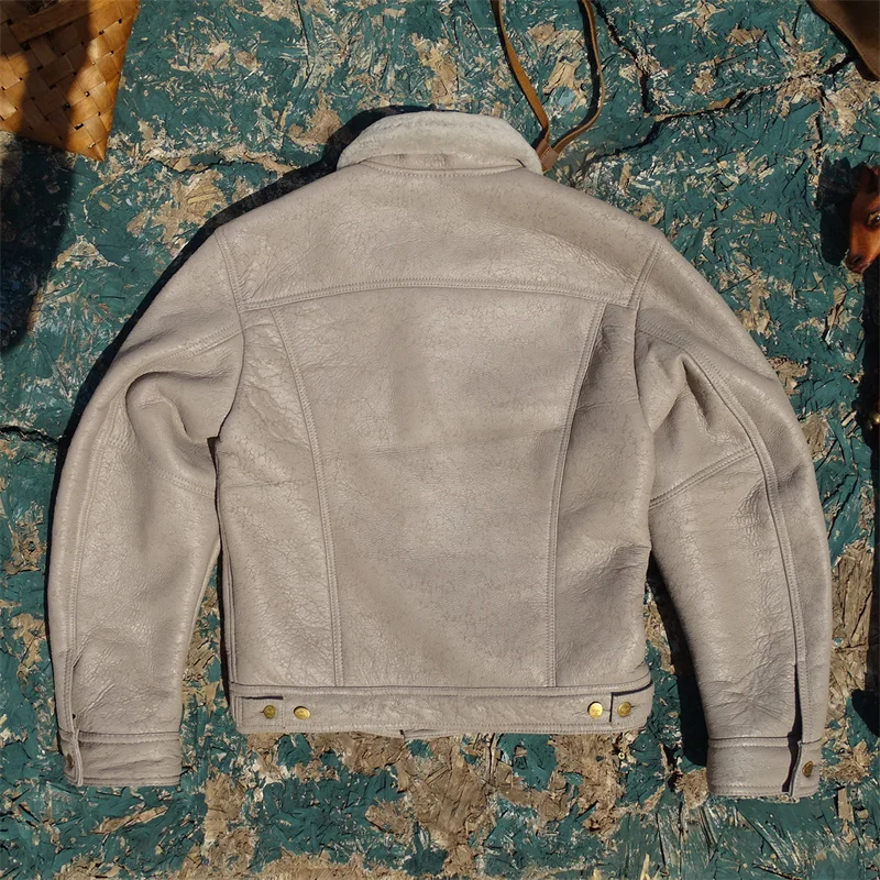 

Men's ort Slim Fit Leather Jaet White Lamb Skin Warmth Winter Knight Denim Sle Inteated Fur Faion Urban Youth