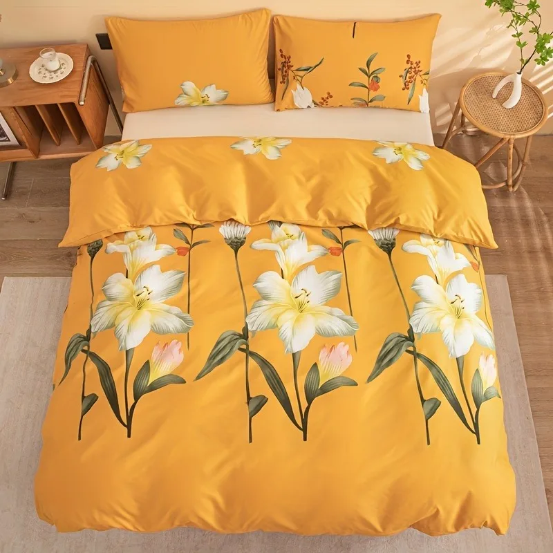 Lily Flower Print Bedding Set Warm Yellow Duvet Cover Soft For Women Bedroom Aesthetic Farmhouse Home Decoration