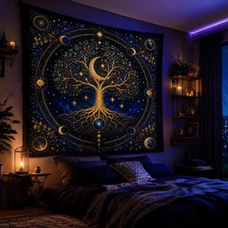 VIKAMA Gold Tree of Life Crescent Moon Tapestry Wall Hanging Starry Night Boho Celestial Mystic Aesthetic Wall Art Bedroom Decor