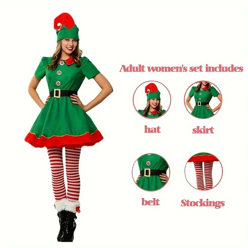 

Christmas Santa Claus Costume Green Elf Cosplay Family Carnival Party Halloween Fancy Dress Clothes Set For Men Women Girls Boys