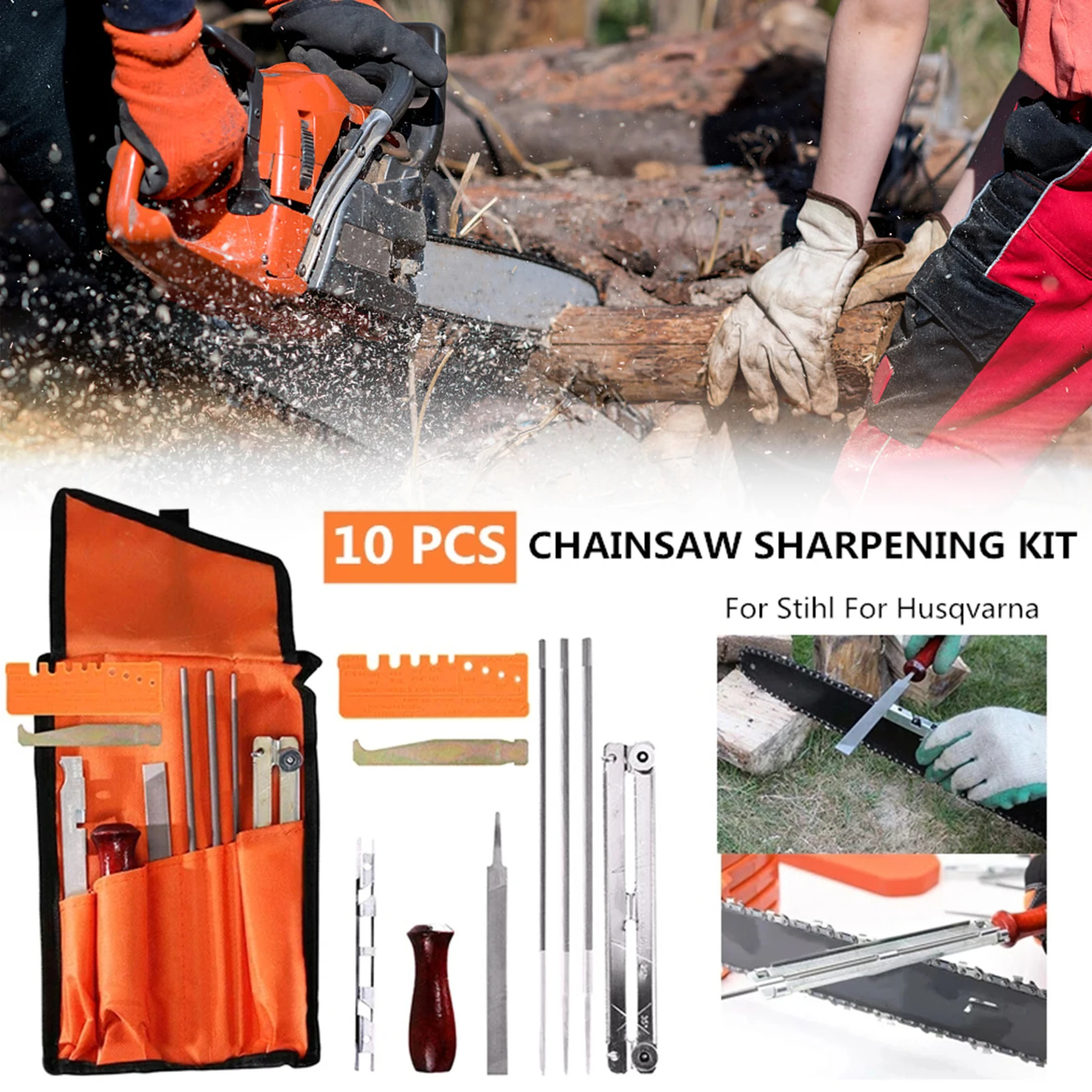 10 pcs Chainsaw Sharpening Kit Hardwood Handle Round/Flat File Guide Bar Sharpener Tools Chain Sharpening Saw Files Kit