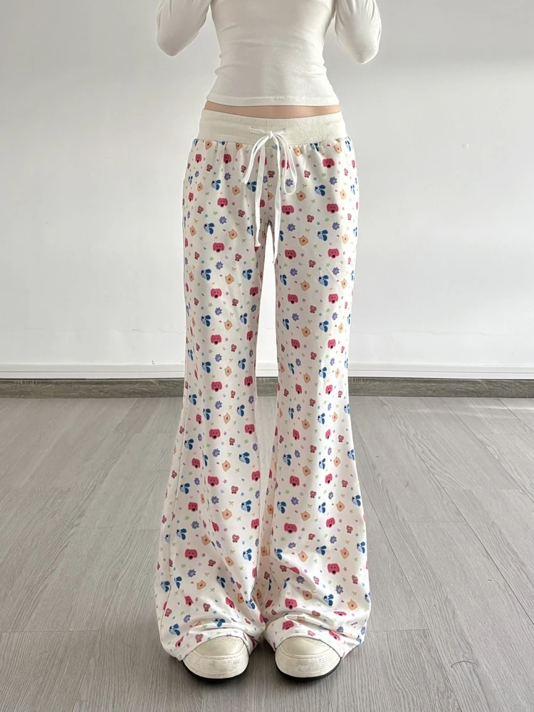 

Cartoon Print Trousers Women Clothing Flare Pants Lace-up Pantalones De Mujer Sweet Roupas Femininas Korean Fashion Streetwear