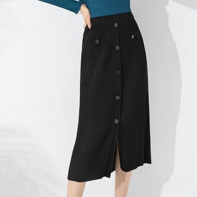 Miyake Skirt Women's Autumn New 2023 Fashionable Single-breasted Slit Elastic Waist Bag Hip Skirt Pleated Thick Material
