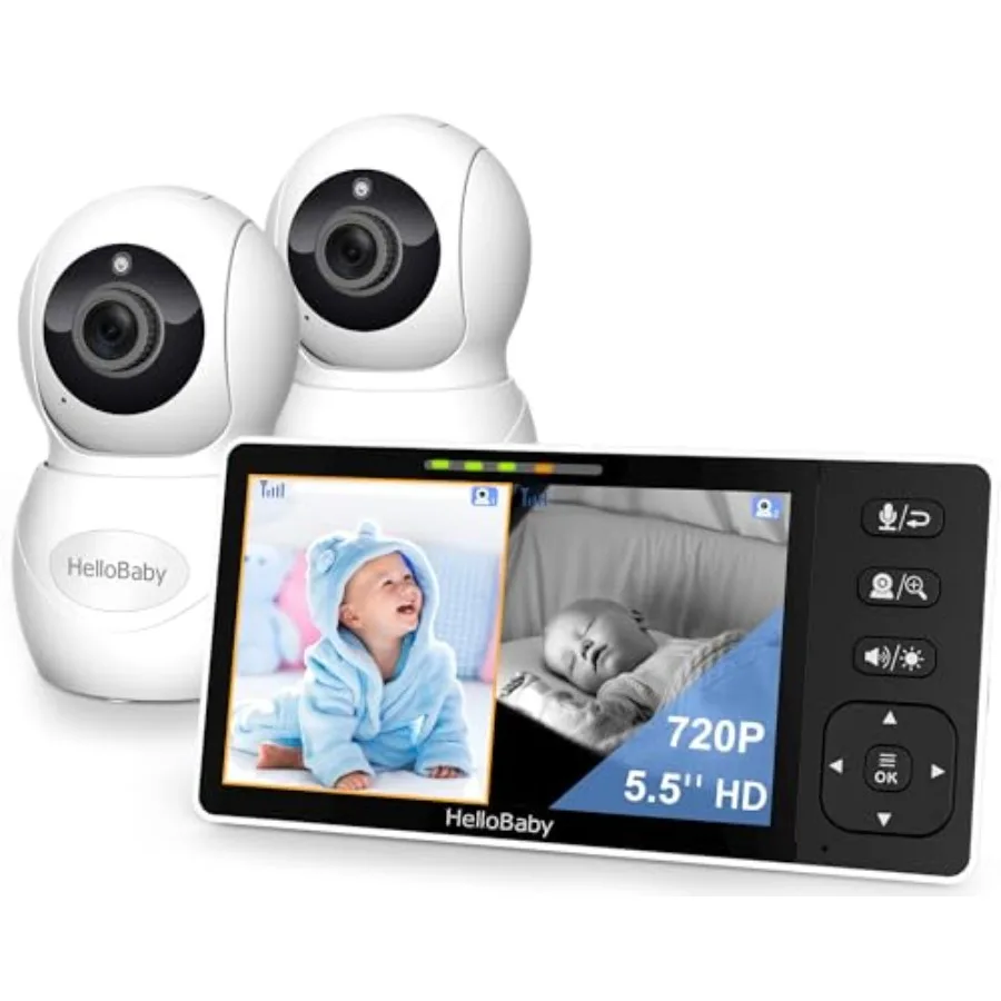 

Видеоняня HelloBaby с двумя камерами, 5.5 дюймов, 720P HD, без Wi-Fi, аудио, разделенный экран, двойные камеры 1080P, панорамирование, наклон, зум, двусторонняя связь, ночное видение
