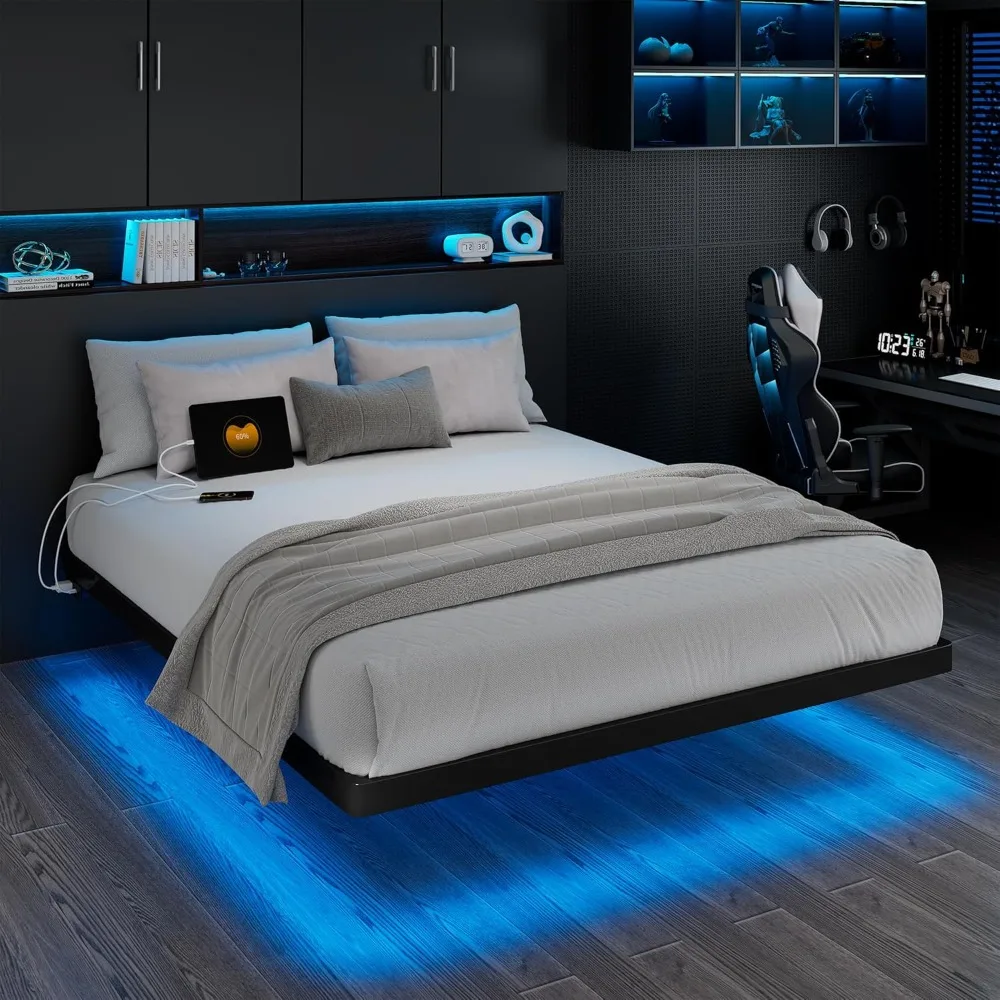 

Extra Large Floating Bed Frame with Charging Station and LED Lights, Metal Platform Bed Frame Supported By Heavy-duty Steel Bars