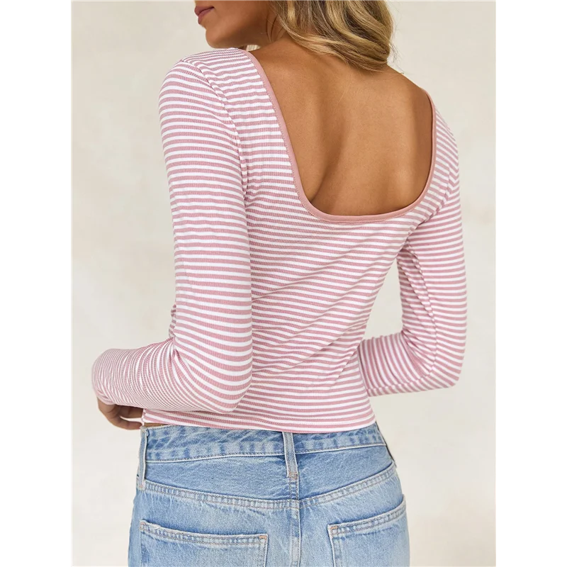 

NEW-Women's Summer Fall Long Sleeve Boat Neck Stripe Shirts Casual Slim Fit Backless Rib Knit Tops