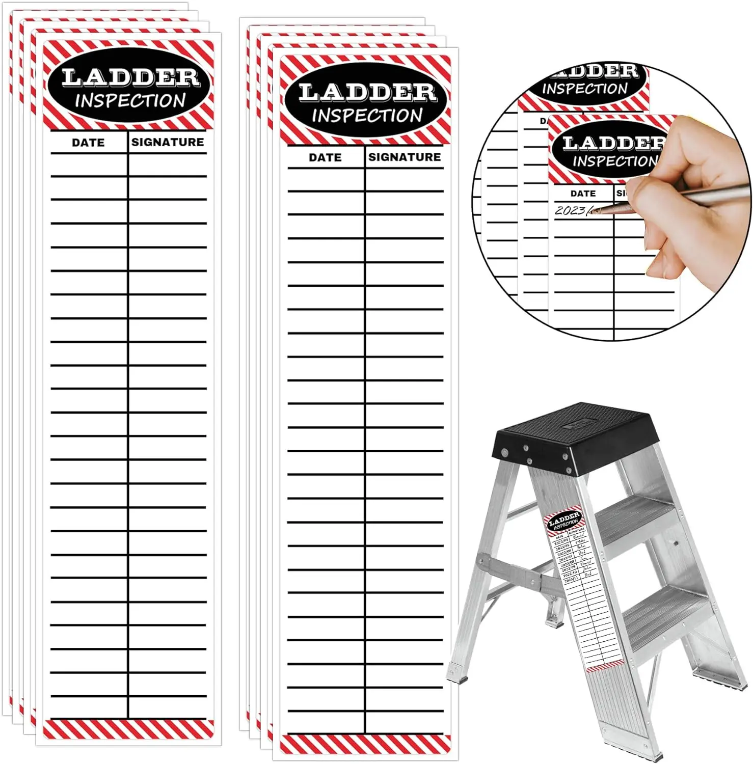 Ladder Inspection Labels Safety Stickers for Ladders 8.5x2inch Red Safety Inspection Tags Vinyl Maintenance Stickers 50Pcs