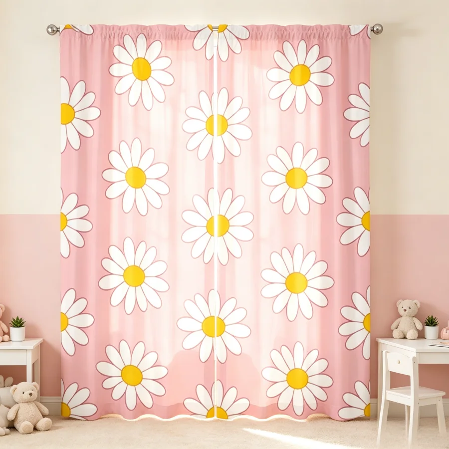 2PCS Digital Print Curtain, Pink Background with White Daisies, Sweet Floral Girls Room Style for Living Room Bedroom Decor