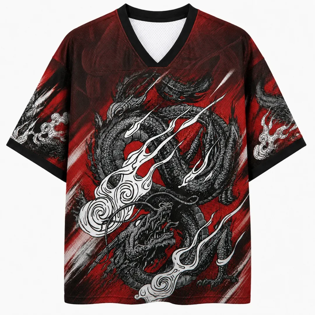 Red Background Chinese Loong Full Print Oriental Ink Fire Dragon Brush Art Breathable Mesh Short Sleeve Sports T-shirt