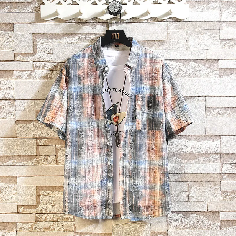 Large Size Hip Hop Oversized Men's Plaid Shirts Streetwear Summer Button Short Sleeve Men Shirt Fashion Ripped Man Shirts Jacket