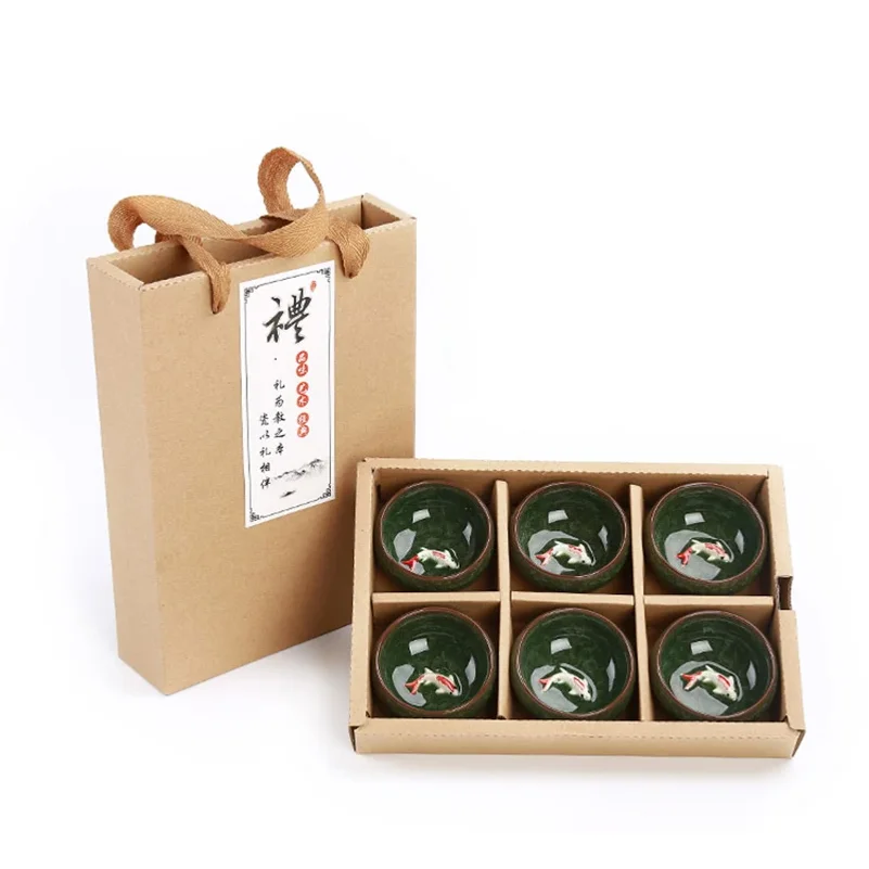 Gift Package 6pcs 3D Golden Fish China tea cup set,Kung Fu Tea Set Crackle Glaze Travel Tea Bowl Chinese Teacup Sets