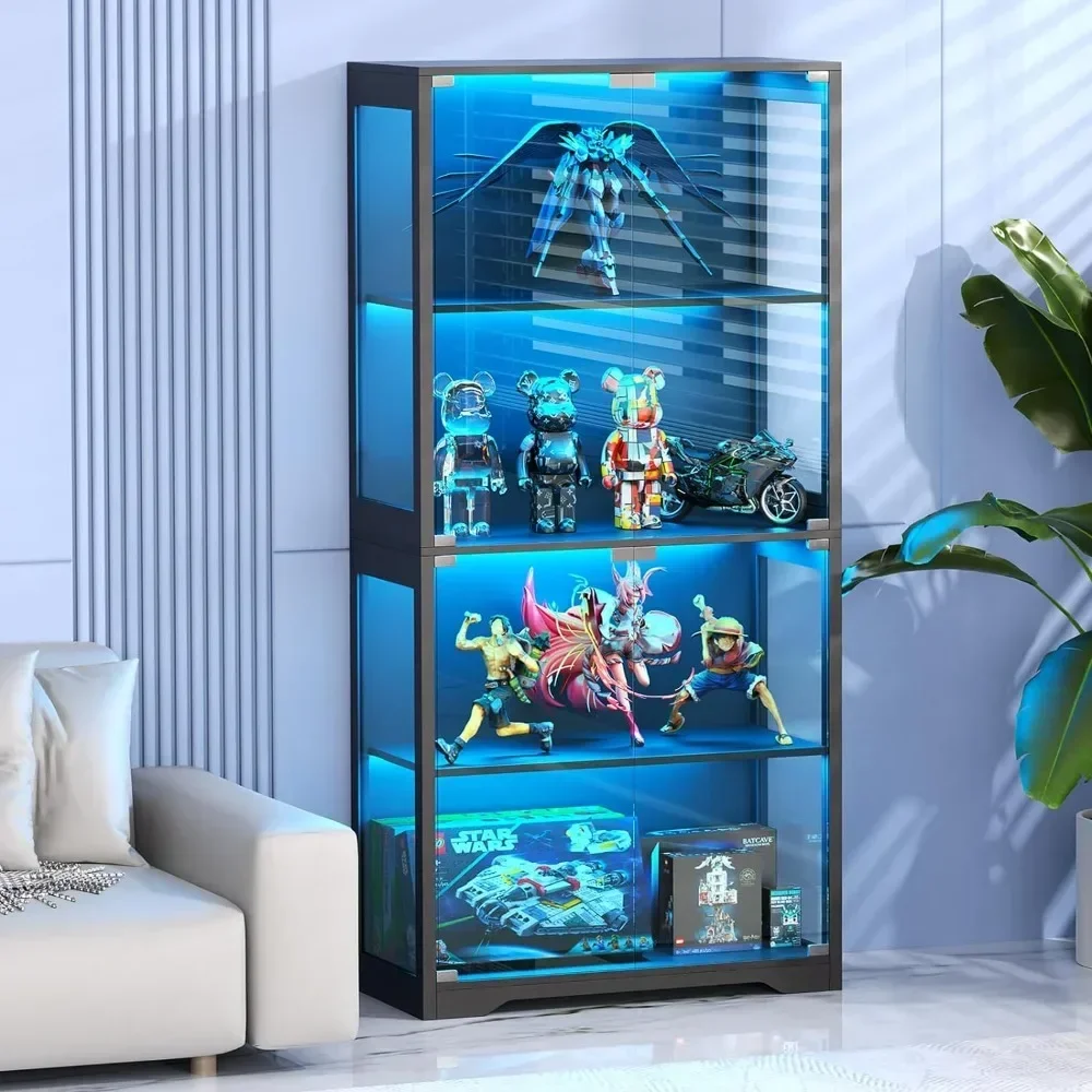 Vitrina con puertas de vidrio, gabinete de almacenamiento con luz de 3 colores, gabinete de curiosidades y librería de 4 niveles para coleccionables, juguetes