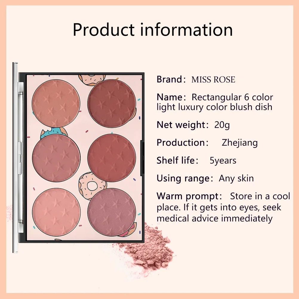 MISS ROSE 6 Color Natural Nude Face Blush Palette Makeup Sheer Coverage Blushe Baked Minerals Lightweight Blusher Plate Cosmetic